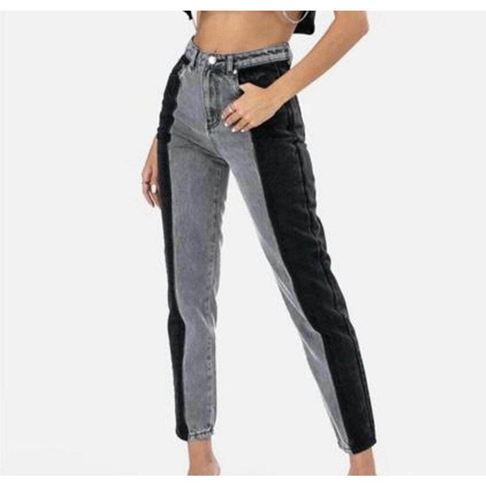 Adika Nori Color Block, High Rise Mom Jeans- Black & Gray size small